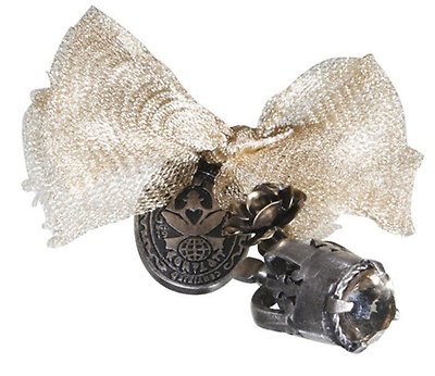 image for brooch Rough Kingdom brown   ribbon hang-in flower with metal crown & frog emblem