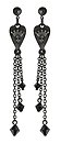 image for earring stud dangling Rough Kingdom black Very Dark Antique Silver (flatback stone; designed heart metal, with 3 lines hang-in chain & diamond-cut beads together)