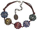 image for necklace collier Oriental Architecture multi antique brass (5 big bended balls with stones on a leather neckline)