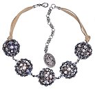 image for necklace collier Oriental Architecture white antique silver (5 big bended balls with stones on a leather neckline)
