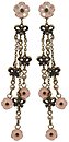 image for earring stud dangling Burlesque black/pink Very Light Antique Brass (coloured flower with stones; hang-in 3 lines of ribbons, chain, pearls & coloured flowers)