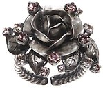 image for ring Rose Water pink antique silver (big rose metal-flower with metal-leaves & stones around)
