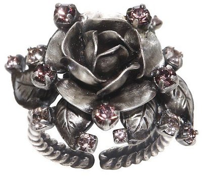 image for ring Rose Water pink   big rose metal-flower with metal-leaves & stones around