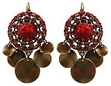 image for earring eurowire dangling Mongolian Princess red antique brass (12 mm round velvet element with PP 24: fuchsia around & hang-in metal coins)