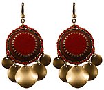 image for earring dangling Mongolian Princess red antique brass (30 mm round velvet element with hang-in metal coins)