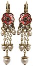 image for earring eurowire dangling Burlesque red Very Light Antique Brass (coloured flower with stones & hang-in 5 lines of chain & pearl)