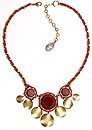image for necklace Mongolian Princess red antique brass (3 round velvet elements with hang-in metal coins along half the chain bended with cord neckline)