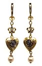 image for earring dangling Burlesque blue Very Light Antique Silver (hang-in ribbon, small heart & pearl in line)