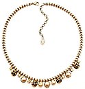 image for necklace La Comtesse brown antique brass (pearls, round metals & crystal golden shadow along half the chain bended with ribbon neckline)