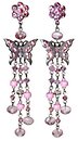 image for earring stud dangling Butterfly pink antique silver (flower with buttefly & 3 hang-ins of beads)