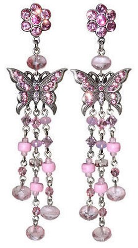 image for earring stud dangling Butterfly pink   flower with buttefly & 3 hang-ins of beads