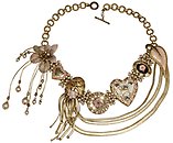 image for necklace collier Burlesque black/pink Very Light Antique Brass (several designed metal medallions, chains & pearls along half the neckline)