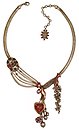 image for necklace-Y Burlesque red Very Light Antique Brass (small medallion & hand-like elements with hang-in pearls in line, heart & flower in the centre; chain neckline)
