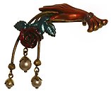 image for brooch Burlesque red Very Light Antique Brass (hand-like element with hang-in pearls & flower)