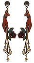 image for earring stud dangling Burlesque red Very Light Antique Brass (SS 34: jet hematite; hang-in hand-like element with pearls & flower)