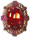 image for brooch Eye of the Cobra red/dark rose antique brass (30 X 22 mm crystal red magma oval stone & chain around)