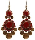 image for earring dangling Mongolian Princess red antique brass (hang-in 12 & 23 mm round velvet elements & metal coins in line)