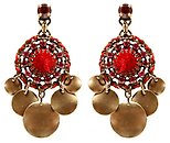 image for earring stud dangling Mongolian Princess red antique brass (SS 29: fuchsia; hang-in 12 mm round velvet element with PP 24: fuchsia around & hang-in metal coins)