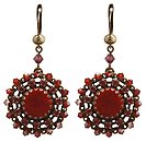 image for earring dangling Mongolian Princess red antique brass (hang-in 12 mm round velvet element with PP 24: fuchsia around & bended with beads)