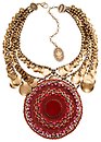 image for necklace collier Mongolian Princess red antique brass (big round element with stone, chain & velvet; hang-in multiple metal coins along the neckline)