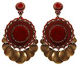 image for earring clip dangling Mongolian Princess red antique brass (12 & 44 mm round velvet element with hang-in metal coins)