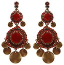 image for earring stud dangling Mongolian Princess red antique brass (SS 29: ruby; hang-in 12 & 23 mm round velvet elements & metal coins in line)