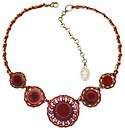 image for necklace Mongolian Princess red antique brass (5 round velvet elements along half the chain bended with cord neckline)