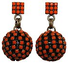 image for earring stud dangling Africanica orange antique brass (square element & hang-in ball with op. orange stones around)