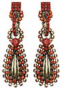 image for earring stud dangling Africanica red/orange antique brass (small; square & teardrop-like element with stones)