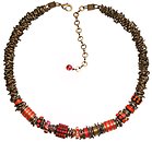image for necklace Beduin red/orange antique brass (several bended thread elements, beads & stones along half an oval-like chain neckline)