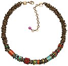 image for necklace Beduin multi antique brass (several bended thread elements, beads & stones along half an oval-like chain neckline)