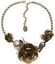 image for necklace A Rose is a Rose is a Rose pink Very Light Antique Brass (different rose metal flowers, coloured leaves & coloured resin balls along half the chain neckline)