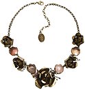 image for necklace A Rose is a Rose is a Rose pink Very Light Antique Brass (several small rose metal flowers, coloured leaf & coloured resin balls along half the chain neckline)