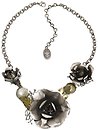 image for necklace A Rose is a Rose is a Rose white antique silver (different rose metal flowers, coloured leaves & coloured resin balls along half the chain neckline)