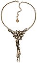 image for necklace-Y Blossoms of the Past white Very Light Antique Brass (small coloured metal flower with stone hang-in bended leaves, chain & pearls; 2 lines chain neckline)