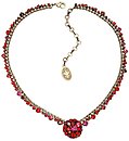 image for necklace Las Vegas red antique brass (round element with SS 39: fuchsia in the centre; chain with different stones neckline)