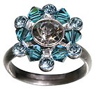 image for ring Beaded Lights blue antique silver (SS 29: black diamond, PP 24: indian sapphire; bended with aquamarine satin diamond-cut beads)