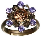 image for ring Beaded Lights brown/violet antique brass (SS 29: lt.smoked topaz, PP 24: violet; bended with smoky quartz satin diamond-cut beads)