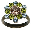image for ring Beaded Lights green/brown antique brass (SS 29: lt.colorado topaz, PP 24: indian sapphire; bended with olivine diamond-cut beads)