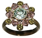 image for ring Beaded Lights pastel multi antique brass (SS 29: chrysolite, PP 24: khaki; bended with lt.peach satin diamond-cut beads)