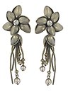 image for earring eurowire dangling Blossoms of the Past white Very Light Antique Brass (medium coloured flower metal with stone, bended leaves, chain & pearls in line)