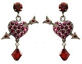 image for earring stud dangling Heart red/pink antique silver (arrow-heart and bead)