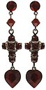 image for earring stud dangling Deep Love red antique silver (SS 29: siam; diamond-cut bead, small cross & siam heart)