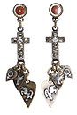image for earring stud dangling Rough Kingdom multi antique silver/antique brass (coloured flower, cross with stone & several designed heart together)