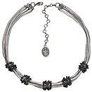 image for necklace Gordian Knot black Light Antique Silver (5 bended small knots with jet hematite stones on a 3 lines chain neckline)
