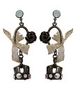 image for earring stud dangling Rough Kingdom brown antique silver/antique brass (SS 29: white opal; hang-in metal with flower, ribbon & crown metal with stones)