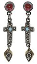image for earring stud dangling Rough Kingdom multi antique silver/antique brass (coloured flower, cross with stone & designed heart metal together)
