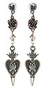 image for earring stud dangling Rough Kingdom multi antique silver/antique brass (flatback stone, flower metal, cross-sword-heart metal & diamond-cut bead together)